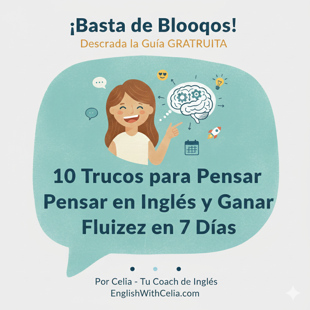 Imagen promocional de la guía gratuita '10 Trucos para Pensar en Inglés y Ganar Fluidez en 7 Días'. Muestra a una mujer sonriente señalando hacia un cerebro ilustrado, rodeado de iconos relacionados con el aprendizaje. Contiene el texto '¡Basta de Blooquos!' y detalles sobre el contenido de la guía.